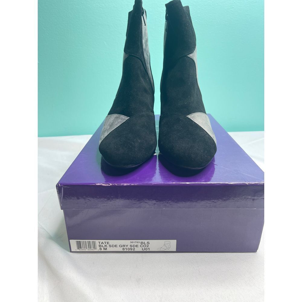 Vaneli Black Suede Ankle Booties with Gray Accents